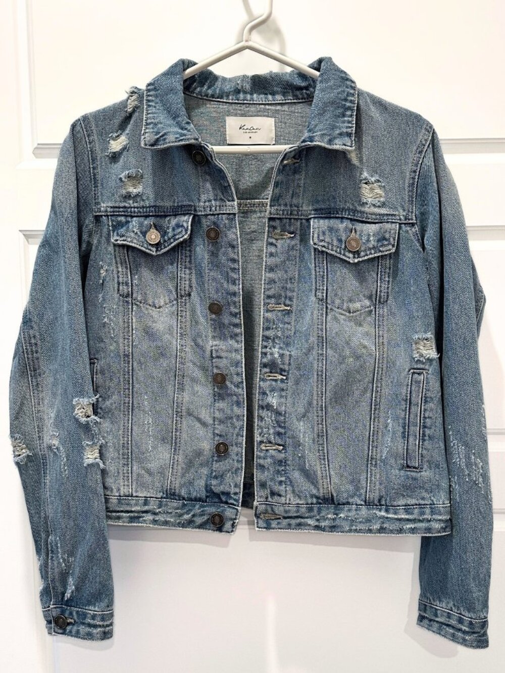Kancan Distressed Blue Denim Jacket Size Small Medium Wash Cropped Button Front
